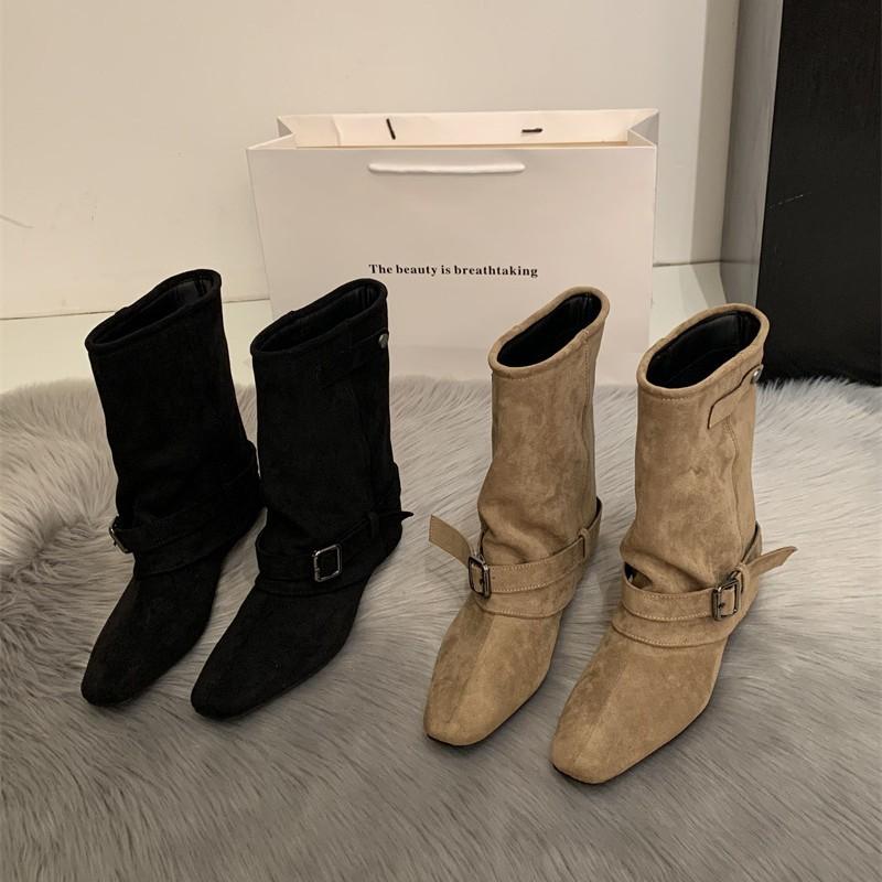 Vintage Suede Khaki Short Boots Women's Boots French Boots Autumn Niche Design Western Pile Boots Knight Boots