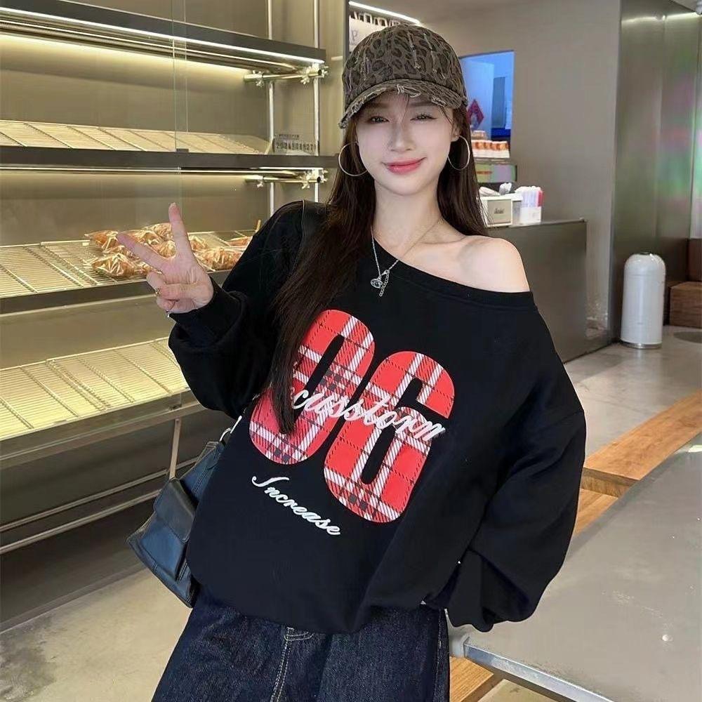 Spice girl slanted off-shoulder sweater women's autumn new design lazy style long-sleeved top