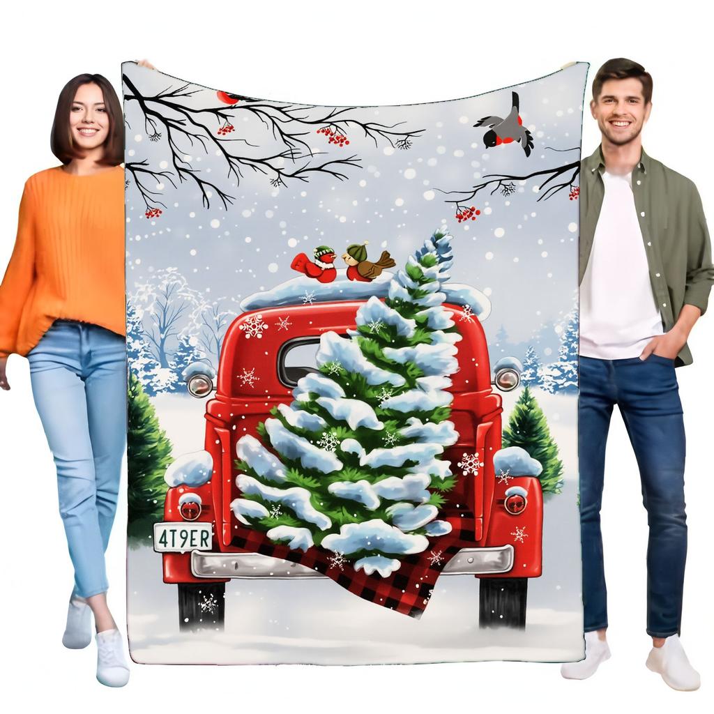 Cozy Christmas Throw Blanket with Red Vintage Truck Snowy Tree Design Perfect for Home Decor, Sofa, Bed, and Holiday Gifts for F