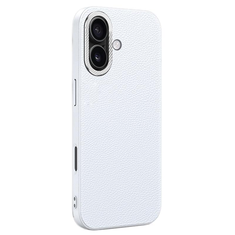 

For iPhone 16 Phone Case Leather+TPU Back Cover with Metal Lens Frame - White