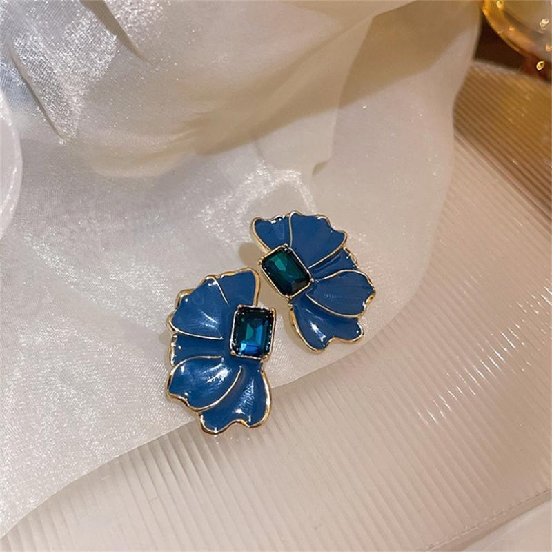 New Blue Glaze Flower Women's Stud Earrings Crystal Square Geometry Female Earrings Bohemian Wedding Ear Accessories