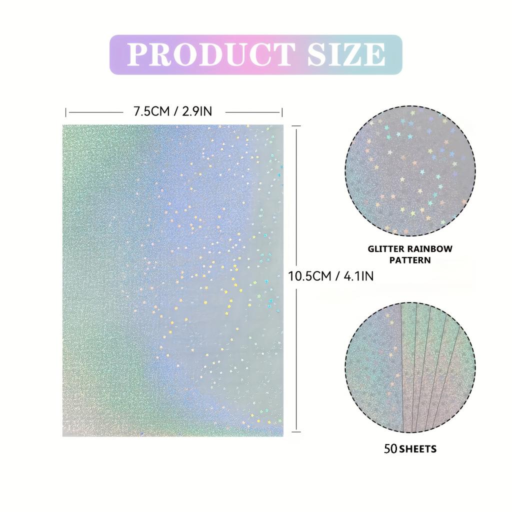 50 Sheets – 6-Style Holographic Sticker Paper, 2.9×4.1 Inch Holographic Overlay Cold Laminating Film, Self-Adhesive Vinyl Sheets
