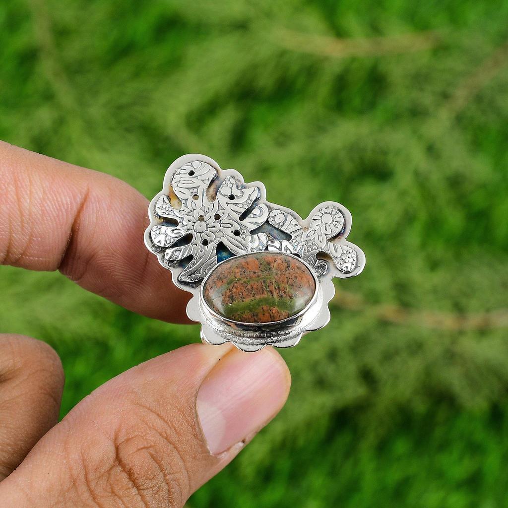 Mothers day Deal 925 Silver Unakite Gemstone Wedding Promise Statement Boho Ring