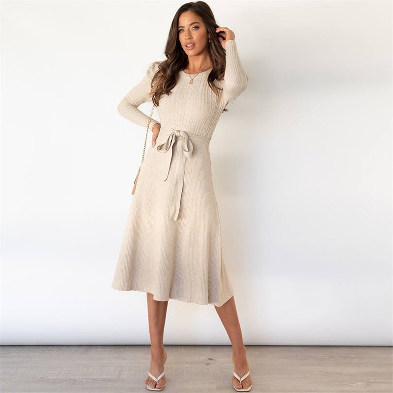 Knitted Dress Big Swing Dress Base Sweater Dress Slimming High Waist Bubble Long Sleeve Mid-Length