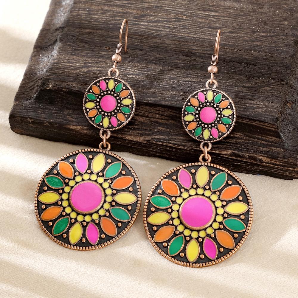 Enamel Flower Round Drop Earrings Ethnic Vintage Earrings for Women Versatile Personality Daily Vacation Wearing Jewelry