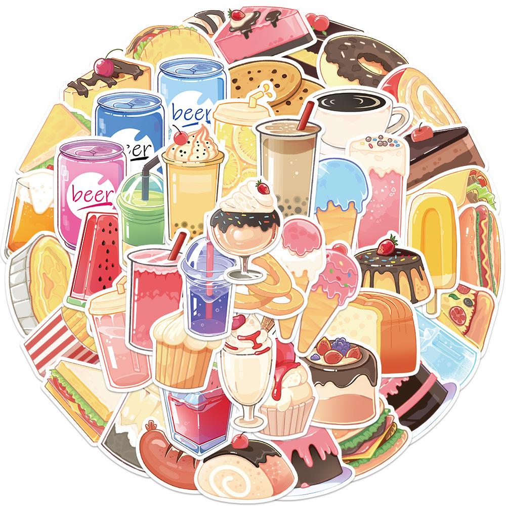 50 Hand-painted Food and Drinks Doodle Stickers Trolley Box Water Cup Diary Waterproof Diy Stickers