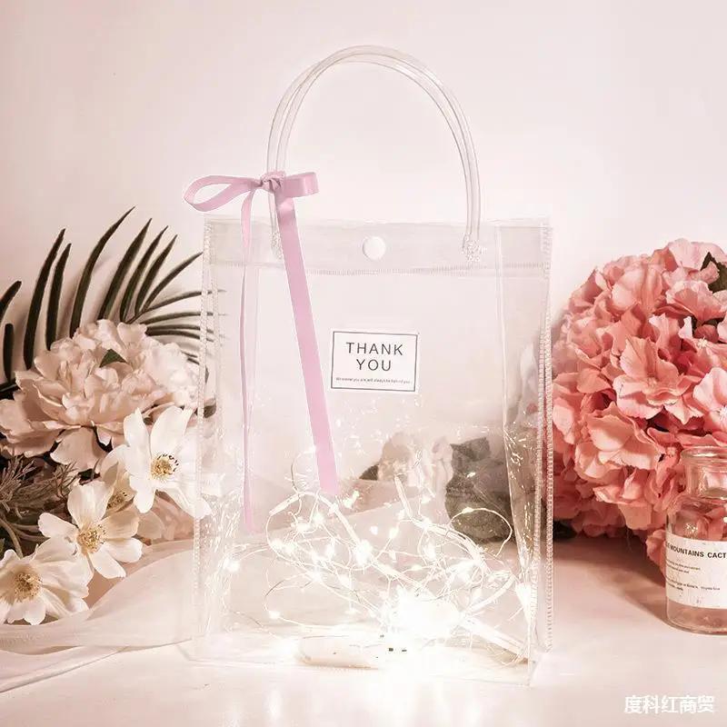 10-100PCS Transparent Soft PVC Gift Tote Packaging Bags with Hand Loop Clear Plastic Handbag Cosmetic Bag