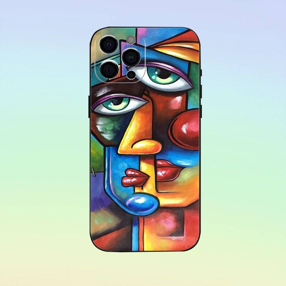 Abstract Human Face Art Phone Case For iPhone 17,16,15,14,13,12,11 ,Soft Silicone Black Cover