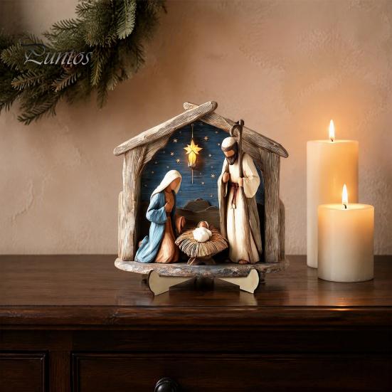 Durable Wood Nativity Set Scene Wooden Tabletop Sign, Christmas Manger Holy Family Figurine Decor, for Table Decor Religious Xmas Desktop Ornament,