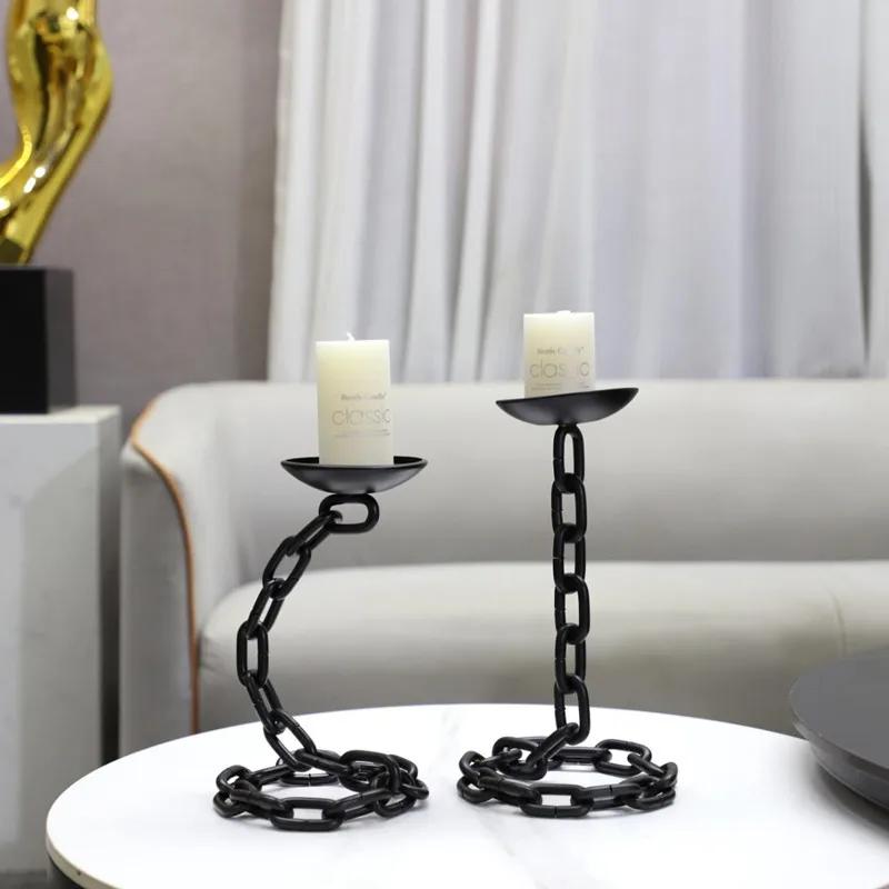 Portacandele in Ferro Nero a Catena Metallico Vintage, Ornamenti Decorativi da Scrivania, Centrotavola per Matrimoni, Arredamento per la Casa