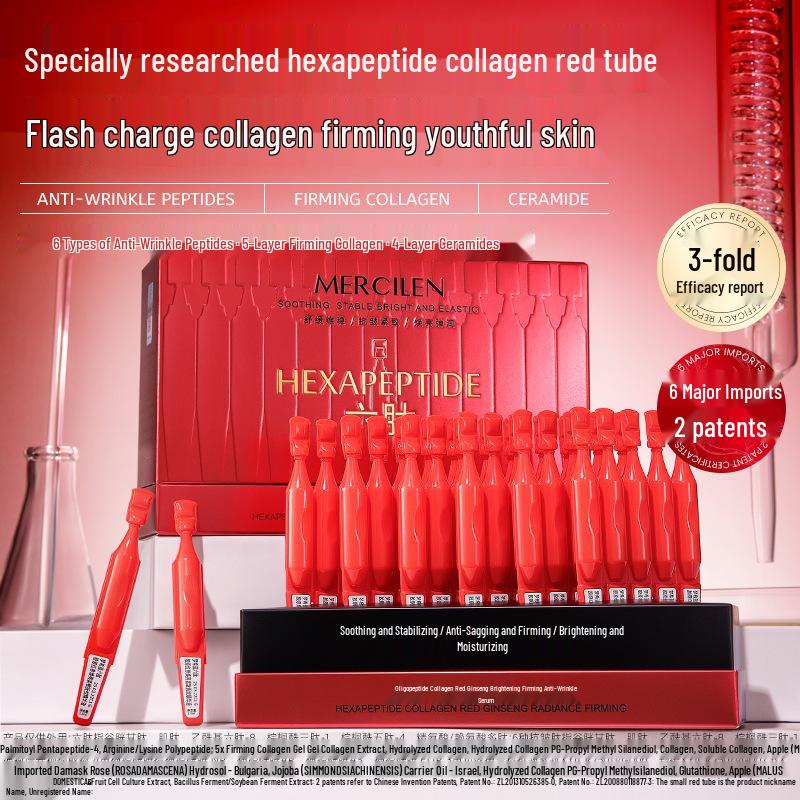 Hexapeptide Collagen Brightening Firming Serum with Red Ginseng - Single-Use Ampoule for Wrinkle Smoothing and Moisturizing.
