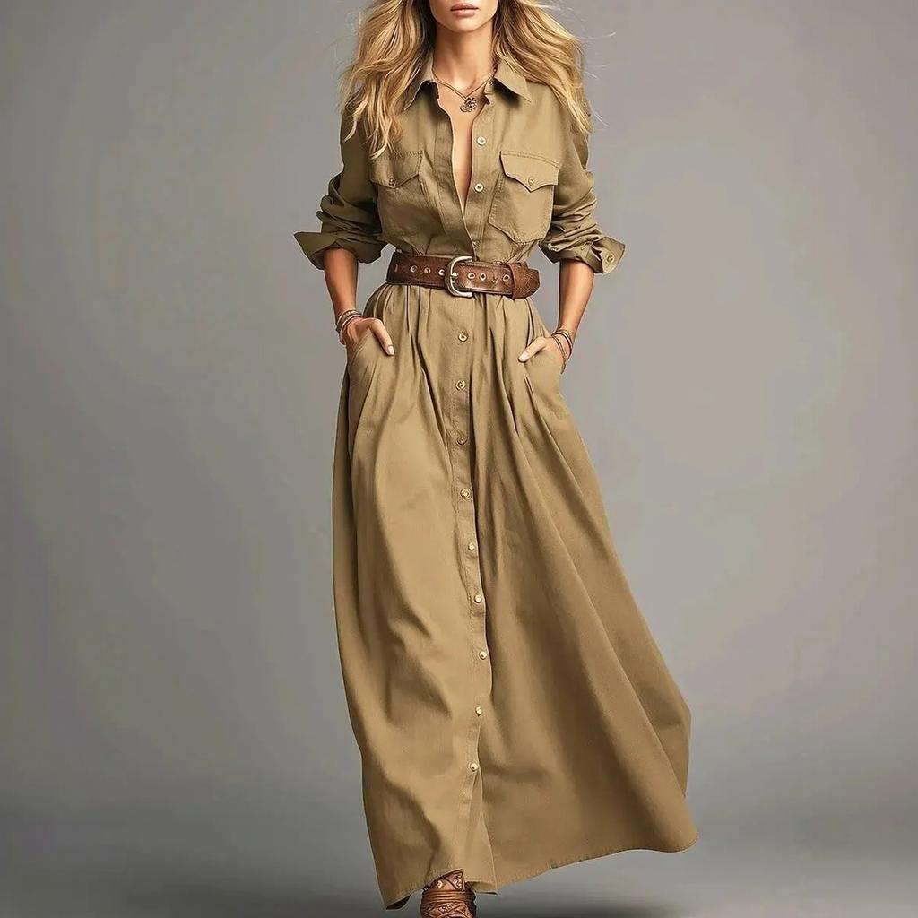 Women's Color Long Sleeve Button Down Shirt Dress - Casual Midi Length for Work