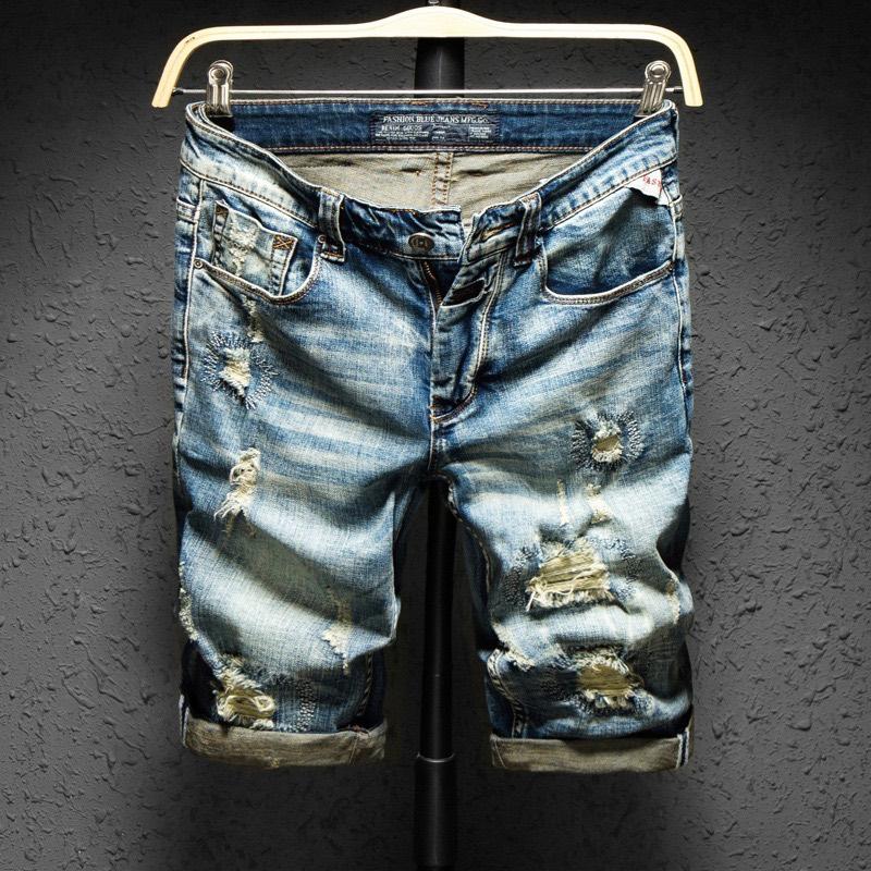 VibeStreet Klassieke Retro Verweerde Heren Jeans Shorts met Letterprint Knie Lengte Recht Slim Gerafeld Trend Punk Heren Denim Shorts 38