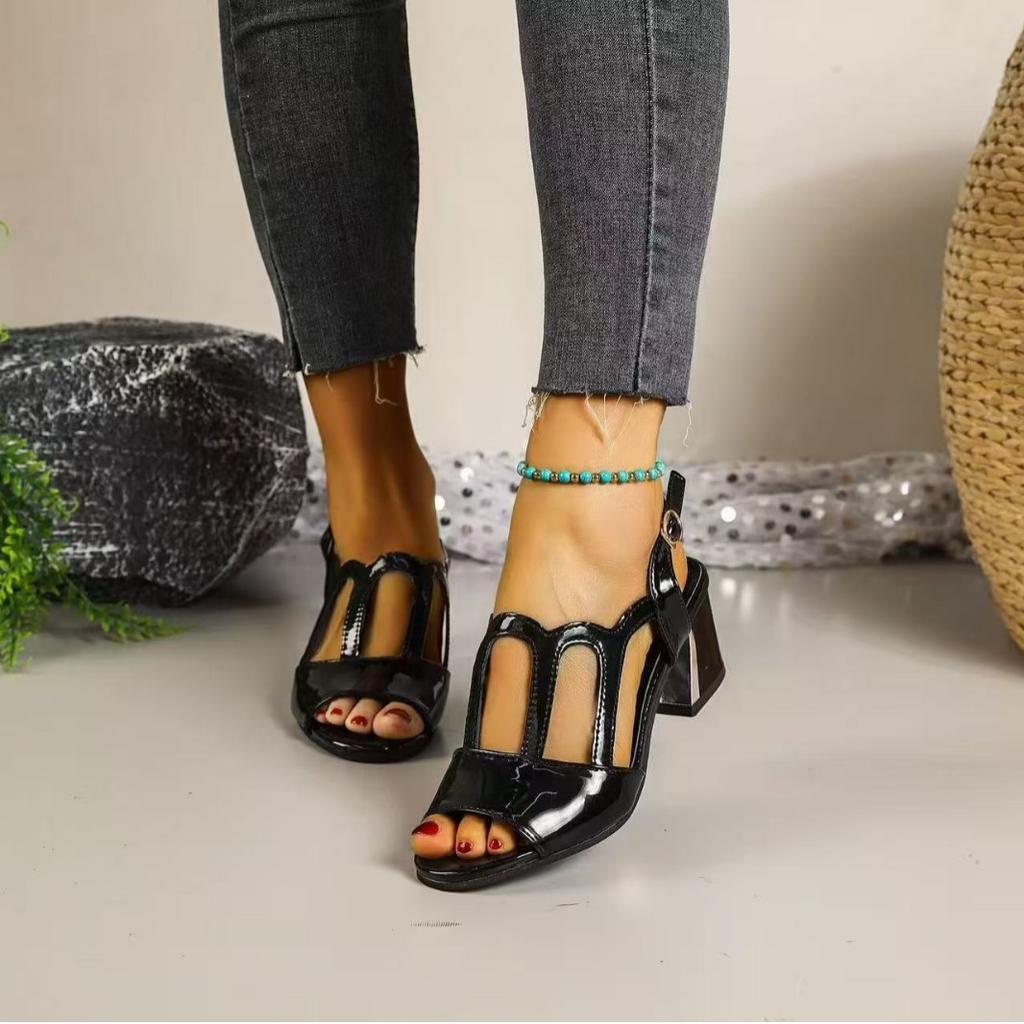 Summer Heels Medium Heel Buckle Female Footware Black 2024 Trend Fashion New Women's Pumps Shoes Peep Toe Women Sandals 40
