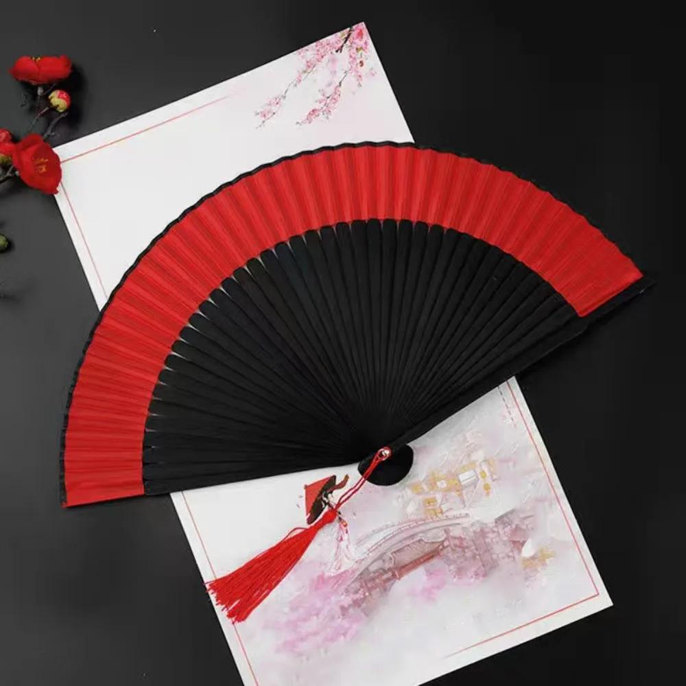 Exquisite Tassel Folding Fan with Tassel Chinese Style Blossom Printing Folded Fan Portable Classical Elegant Handheld Fans