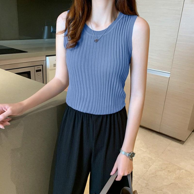 Gilet à bretelles femme printemps et été nouveau ajusté sans manches tricoté basique T-shirt à col rond élastique avec haut