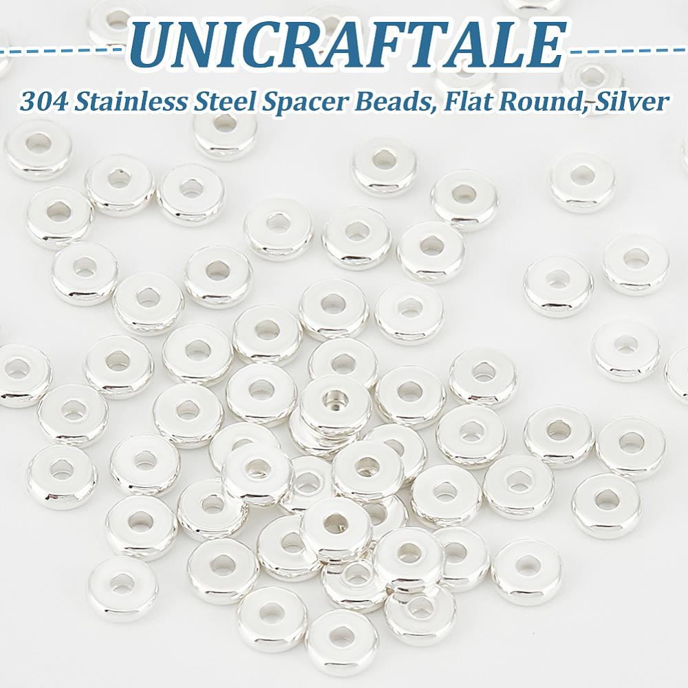 100Pcs 304 Stainless Steel Spacer Beads, Flat Round, Silver, 4x1.2mm, Hole: 1.2mm