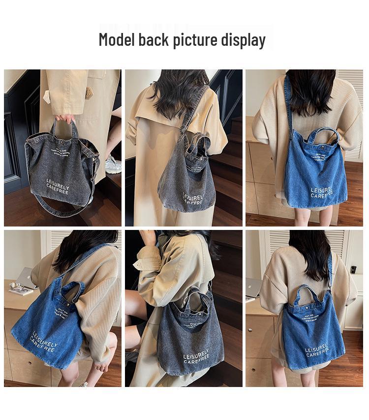 2025 Large Capacity Retro Denim Crossbody Bag with Letter Print - Korean Style for Women