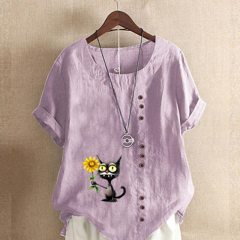 Women's Fashion Sunflower Black Cat Prined Short Sleeve T-shirt Loose Cotton Shirt Casual Loose Summer Blouse Tops Plus Size