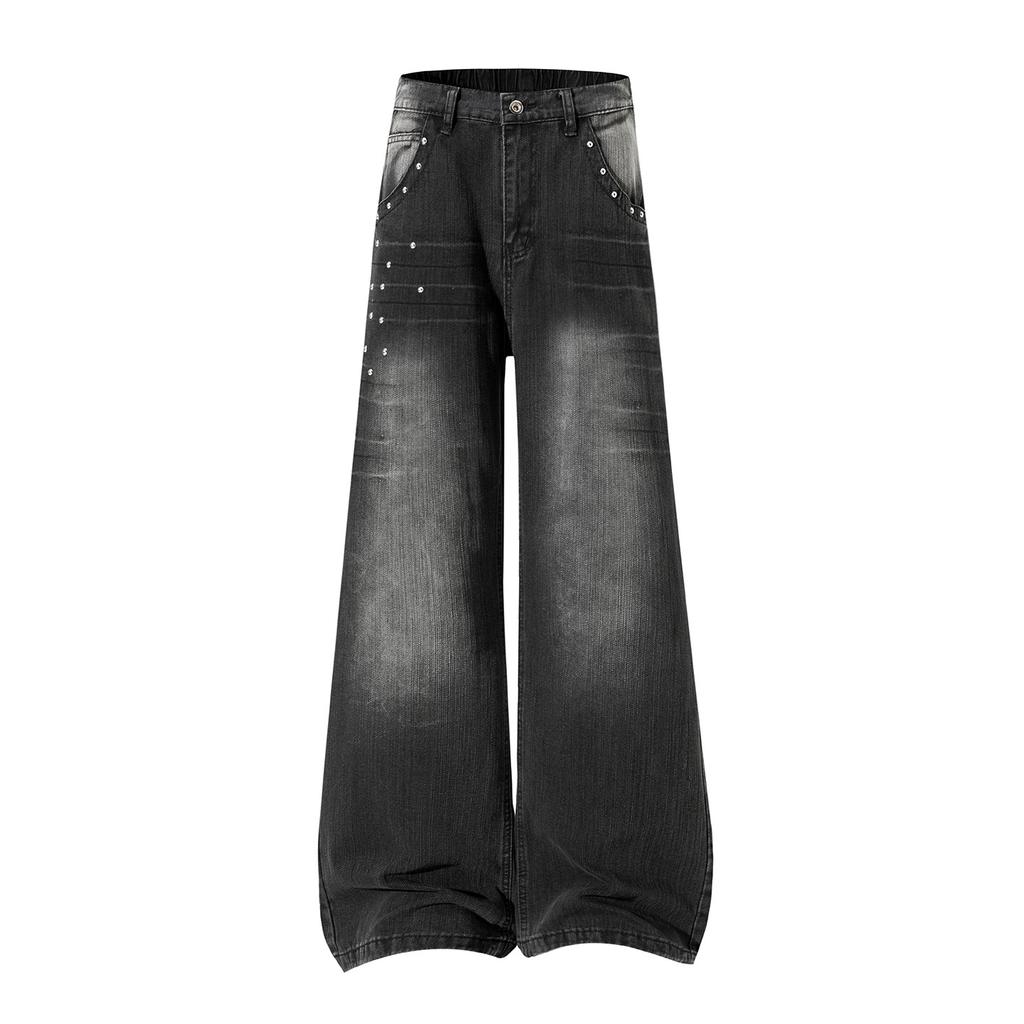 Retro Blue Rivet Design Wide-leg Jeans Men's Summer New American High-waisted Loose and Thin Straight Pants