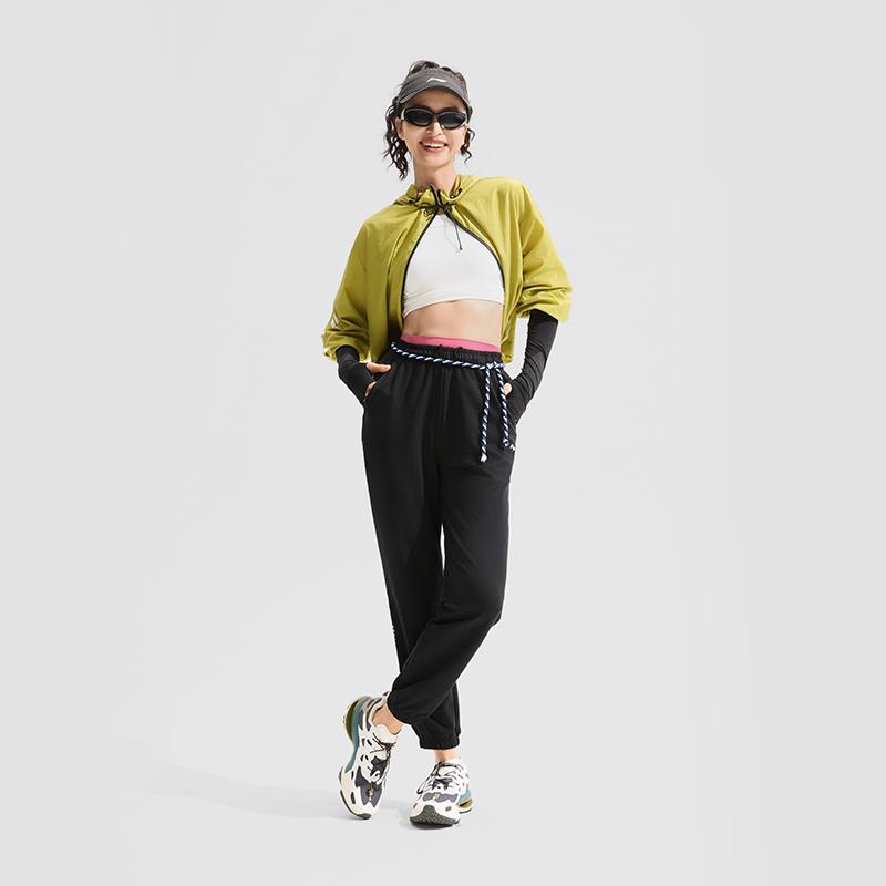 Li Ning Solid Color Drawstring Mid Waist Casual Knit Sports Pants Women Bottoms Black AKLU834-5