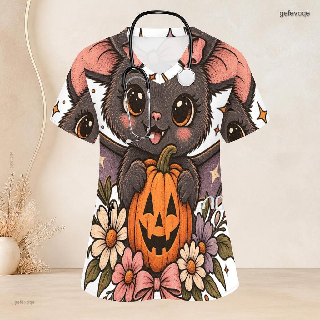 Women Plus Size Halloween Panda Ghost Printed Scrub Top V Neck Short Sleeve With Front Pockets