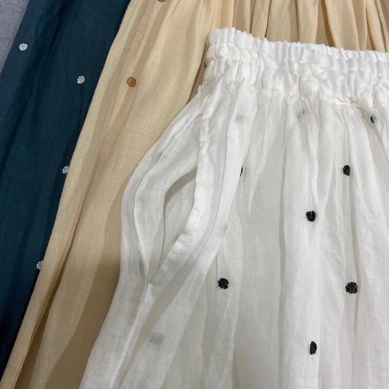 Johnature Summer Wave Point Women All Match Elastic Waist Skirts Casual Solid Color Loose Female Skirts