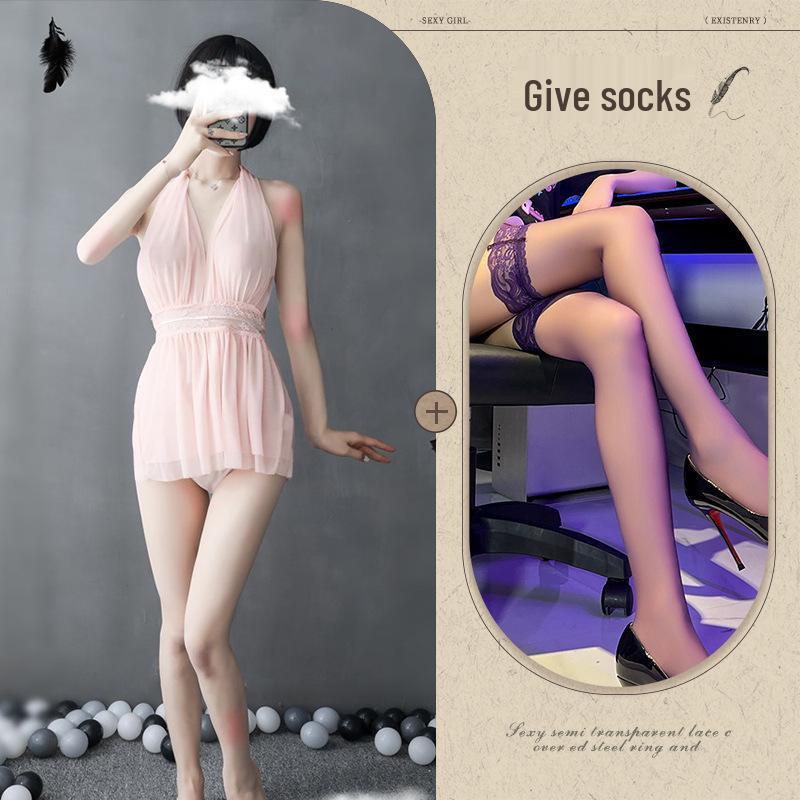 European-American Deep V Backless Mesh Halter Nightdress