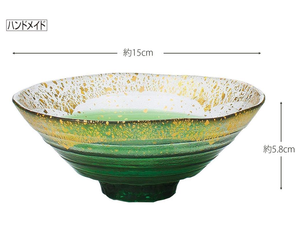 Toyo Sasaki Glass Gold Leaf Set of Green Lacquer Made in Medium Matcha Tea Glass Bowls, 12, Finish, Japan, Bowls, Bowls, Dishes, Bowls, Bowls, Plates,