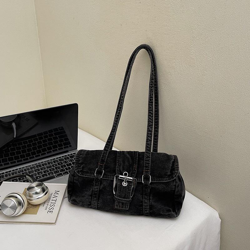 Trendy 2026 Hong Kong Style Washed Denim Shoulder Bag with High-End Texture