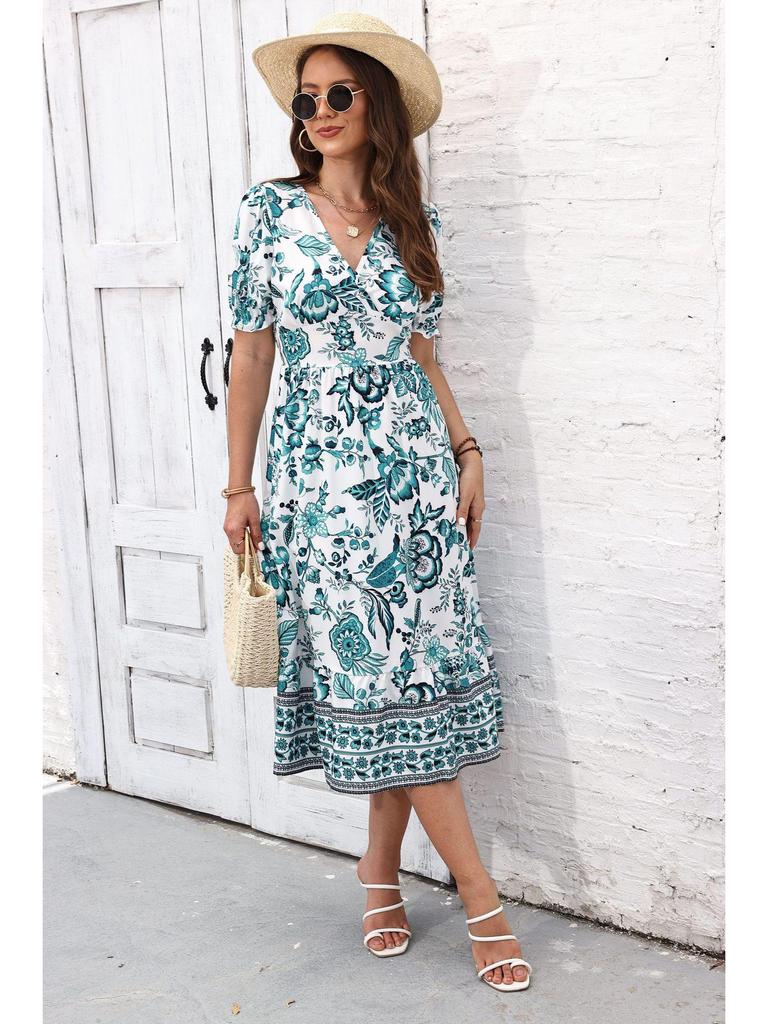 2023 Summer Stand-Up Collar Puff Sleeve Dress with All-Over Print