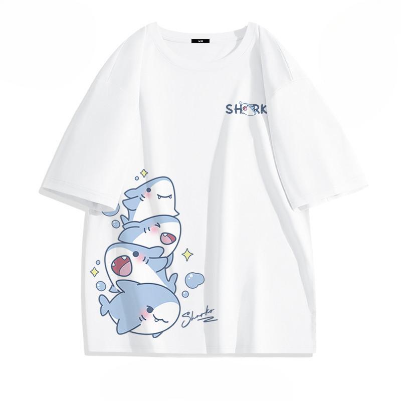 Summer Ice Silk Blue Top Youth Breathable Half Sleeve Large Loose Tee Men Women Cute Shark Cartoon Print Short Sleeve T-shirt