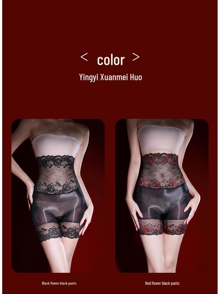 Koronkowe, Ultra Cienkie, Przezroczyste Jedwabne Pończochy 5D z Błyszczącym Wykończeniem Olejem Końskim, Majtki Plus Size z Wysokim Stanem.