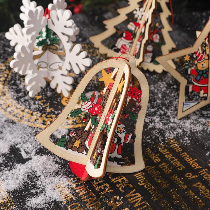 New Christmas Decoration 3D Hollow Bell Snowflake Craft Christmas Tree Wooden Pendant Elderly Gift Home Interior Scene Pendant