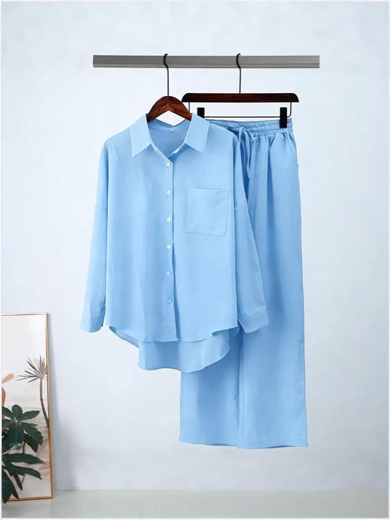 Lightweight Cotton Linen Wide-Leg Pants & Casual Loose Shirt Set - Plus Size, Spring/Autumn