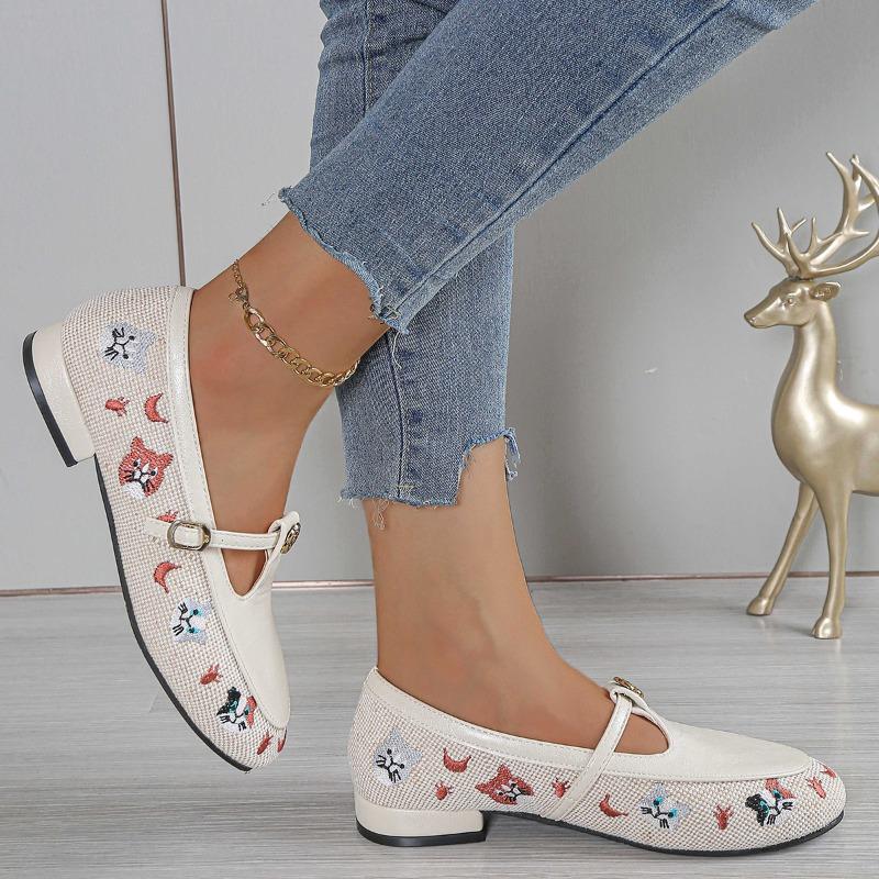 Fashion Low Heel Single Shoes Women's Fashion Round Toe Shallow Mouth Embroidered One Strap Anti-Slip Wear-Resistant Low Top Shoes