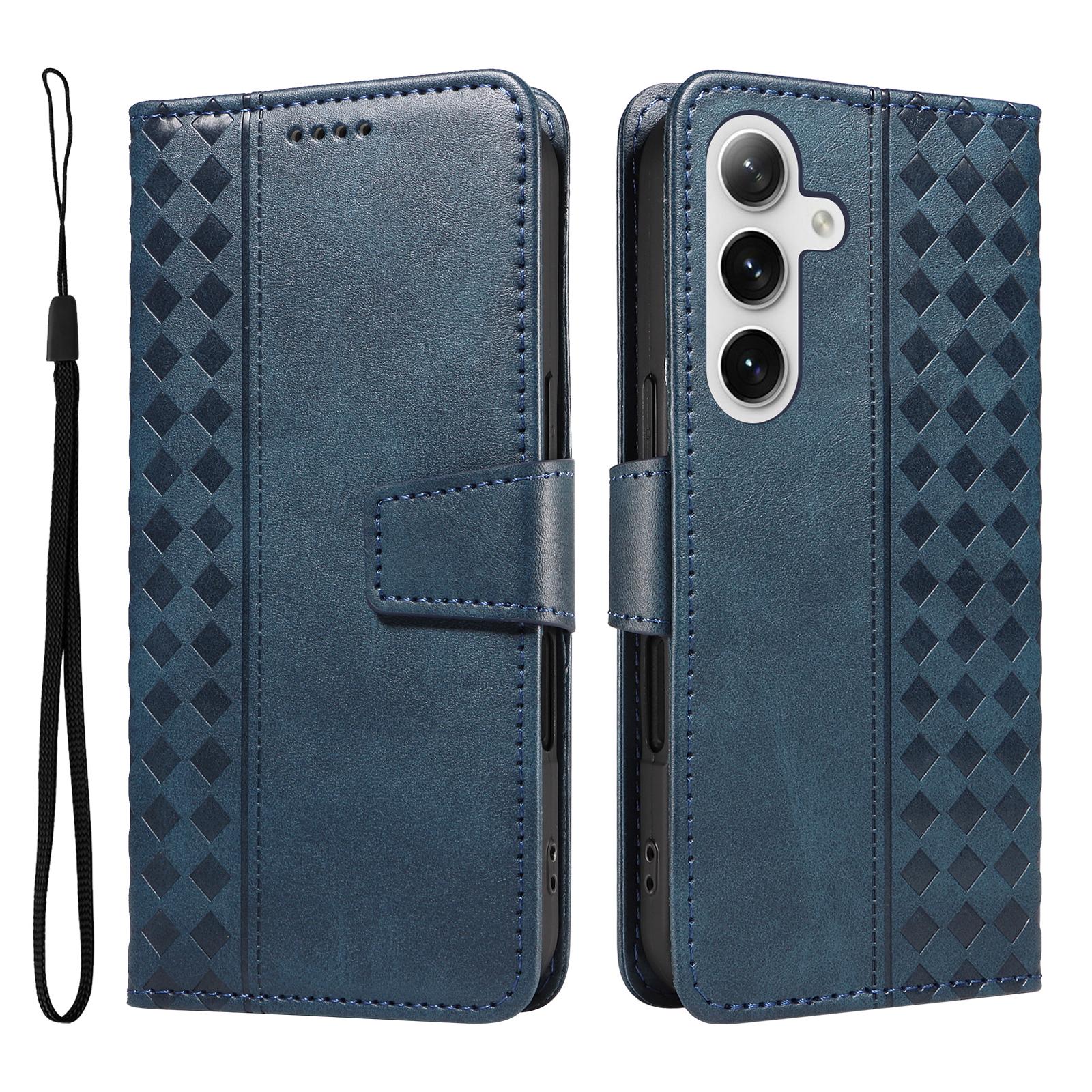 

For Samsung Galaxy S24+/Galaxy S25+ Leather Case Wallet Stand Grids Imprinted Phone Cover with Strap Blue