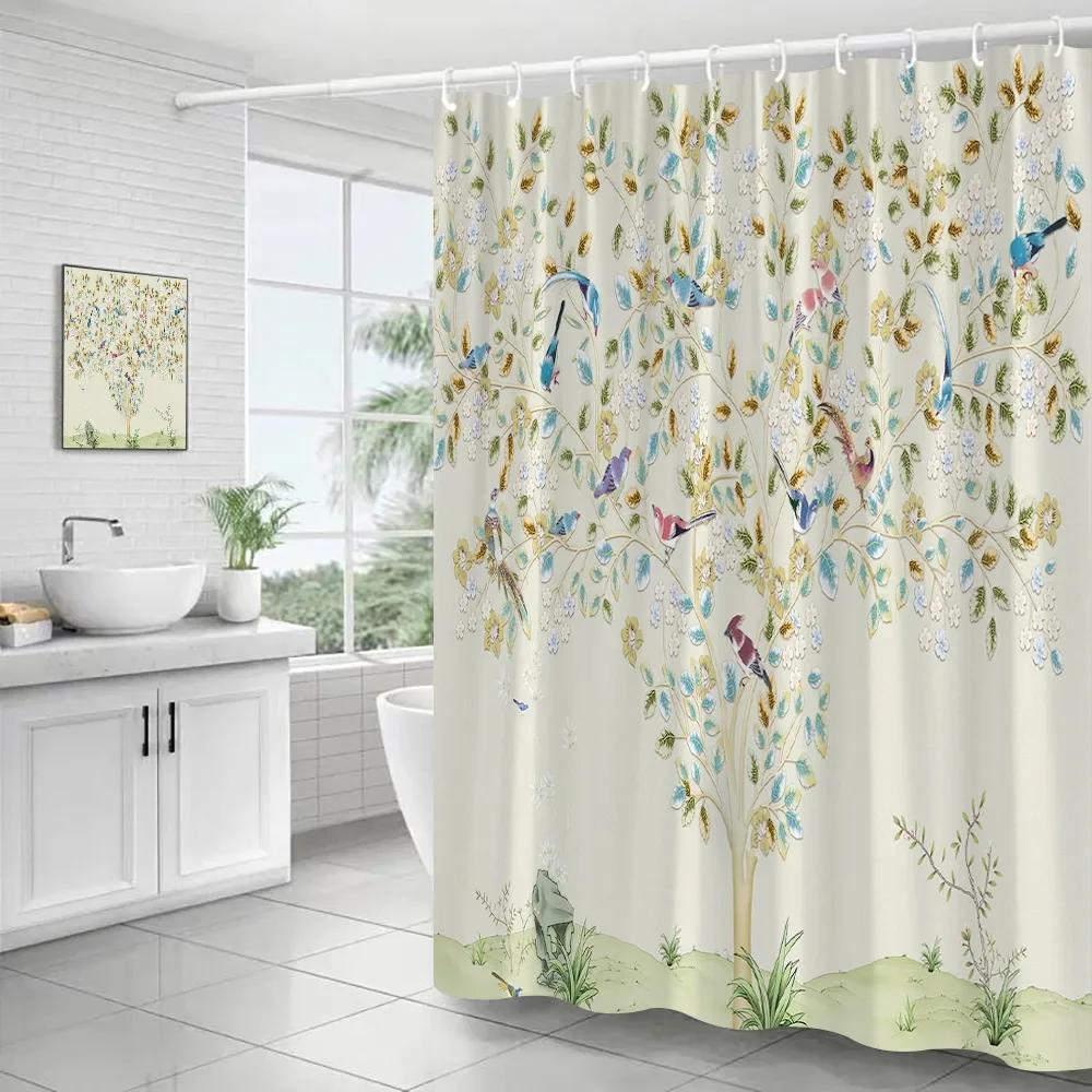Flowers Birds Shower Curtains Creative Pink Floral Tree Plant Chinese Style Art Polyester Fabric Bathroom Decor Bath Curtain Set