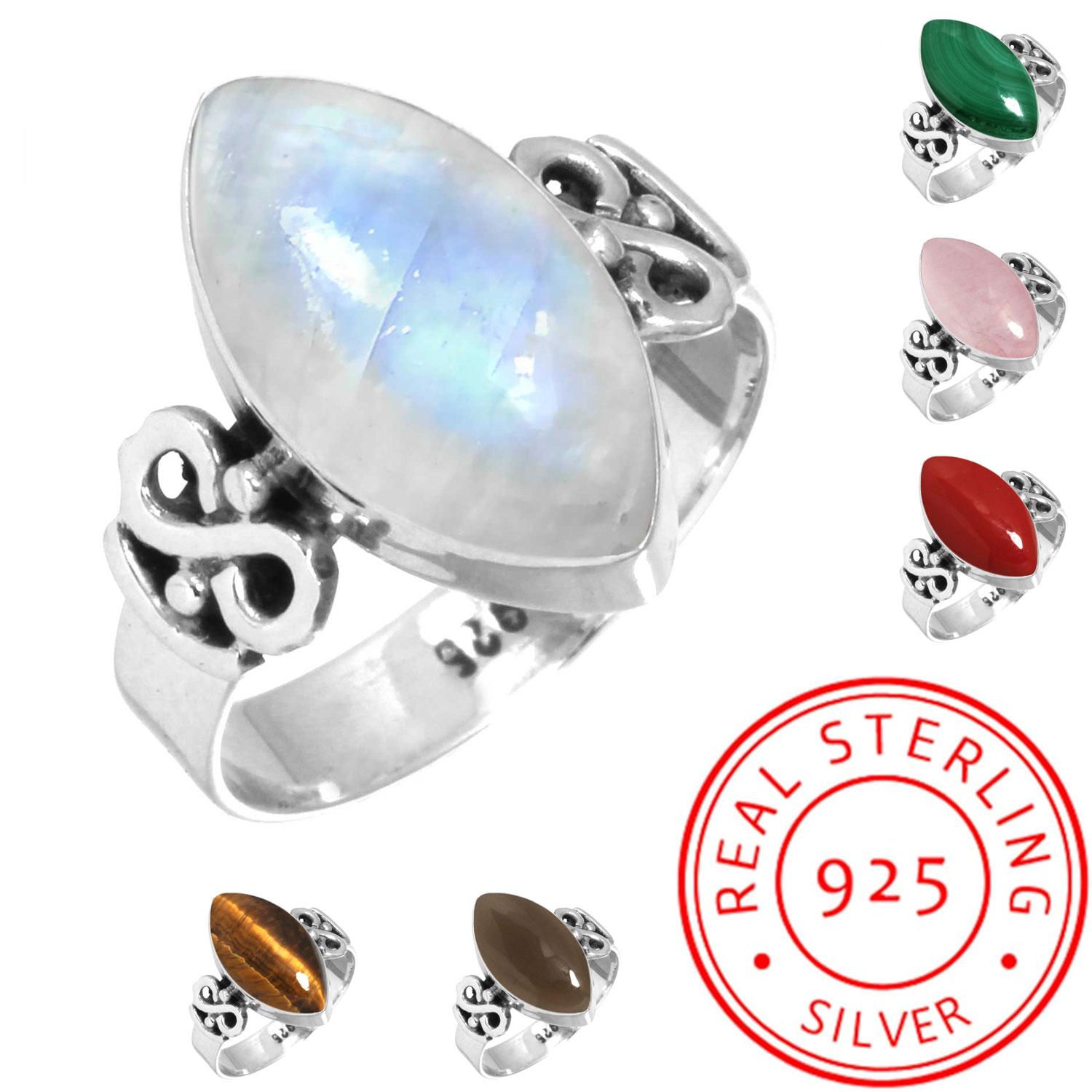 

925 Sterling Silver Ring Women Gemstone Handmade Jewelry Mothers Day Gift Malachite Moonstone Rose Quartz Red Stone Smoky Topaz Tiger Eye Vintage 11.5 малахітова зелень