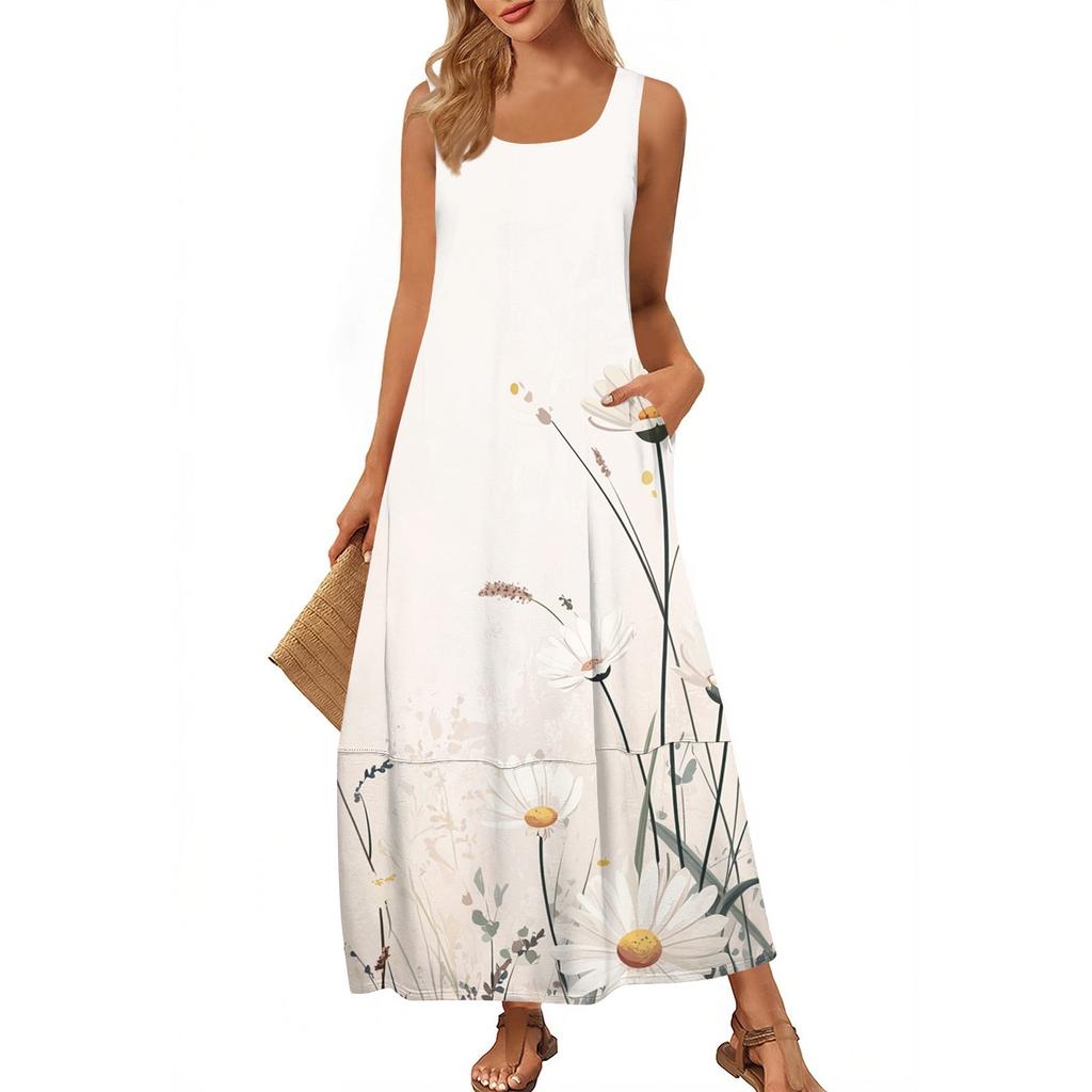 Women's Casual Floor-length Sundress Summer Beach Dress Round Neck Sleeveless Loose  Print Sundress