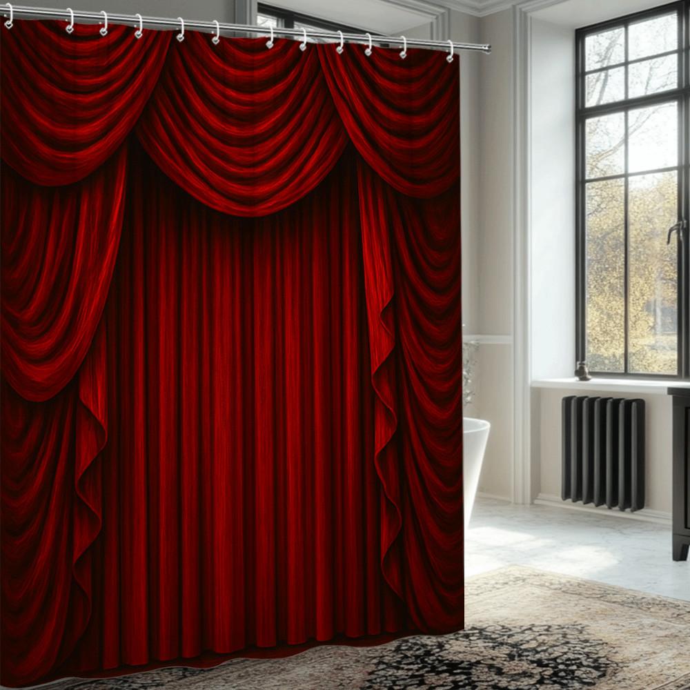 Red Velvet Theater Curtain Shower Curtain Dramatic Stage Drapes Elegant Luxury Bathroom Decor Waterproof Easy To Install