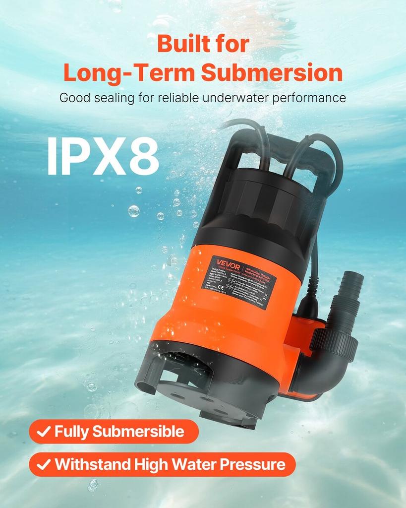650W Submersible Sump Pump, 15000 L/H, PP-GF20 Submersible Sewage Dirty Clean Water Pump with Automatic Float Switch, Long Cord, 8M Max Lift, for