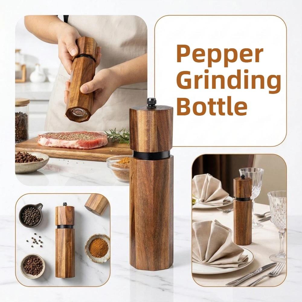 Refillable Pepper Spice Mill Acacia Wood Spice Mill Bottle Handheld Salt Grinder  Kitchen Gadget