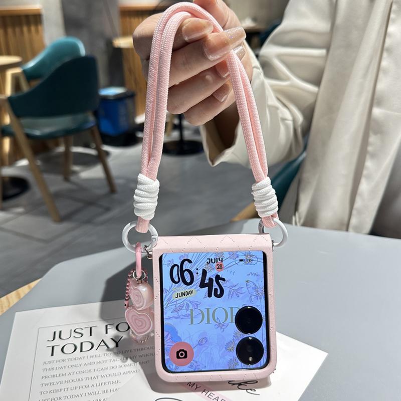 For Xiaomi Mix Flip /Honor Magic V Flip Case Cute Pink Leather Heart-Shaped Candy Bead Pendant Crossbody Hand Strap