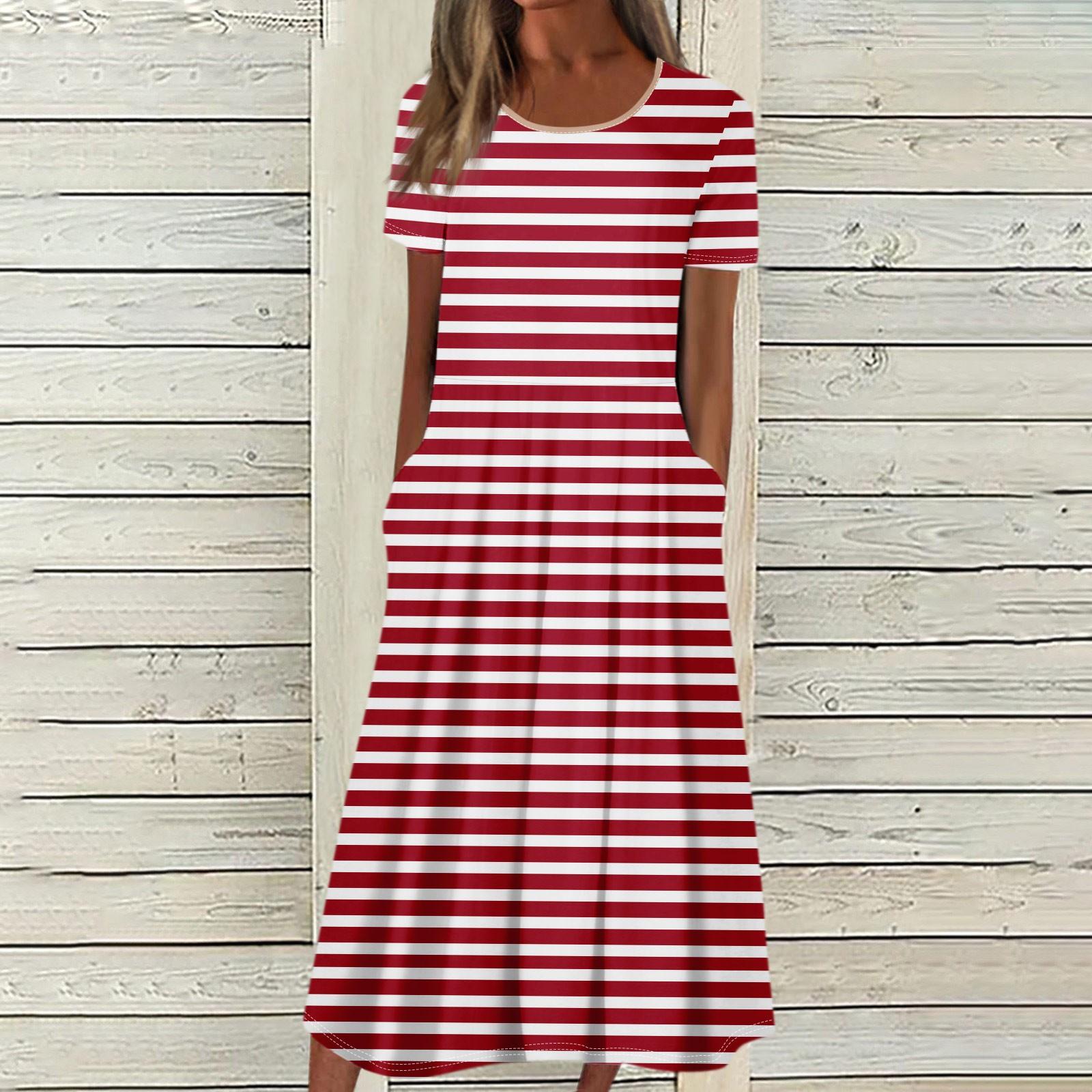 Женское летнее повседневное модное платье с коротким рукавом и карманом с круглым вырезом — фото 12