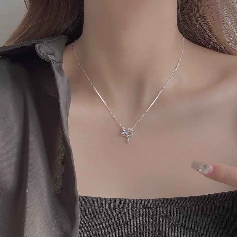 Star Moon Necklace Women'S Glazed Stone Star Moon Fashion High-End Clavicle Chain Bow Ear Jewelry Premium Durable