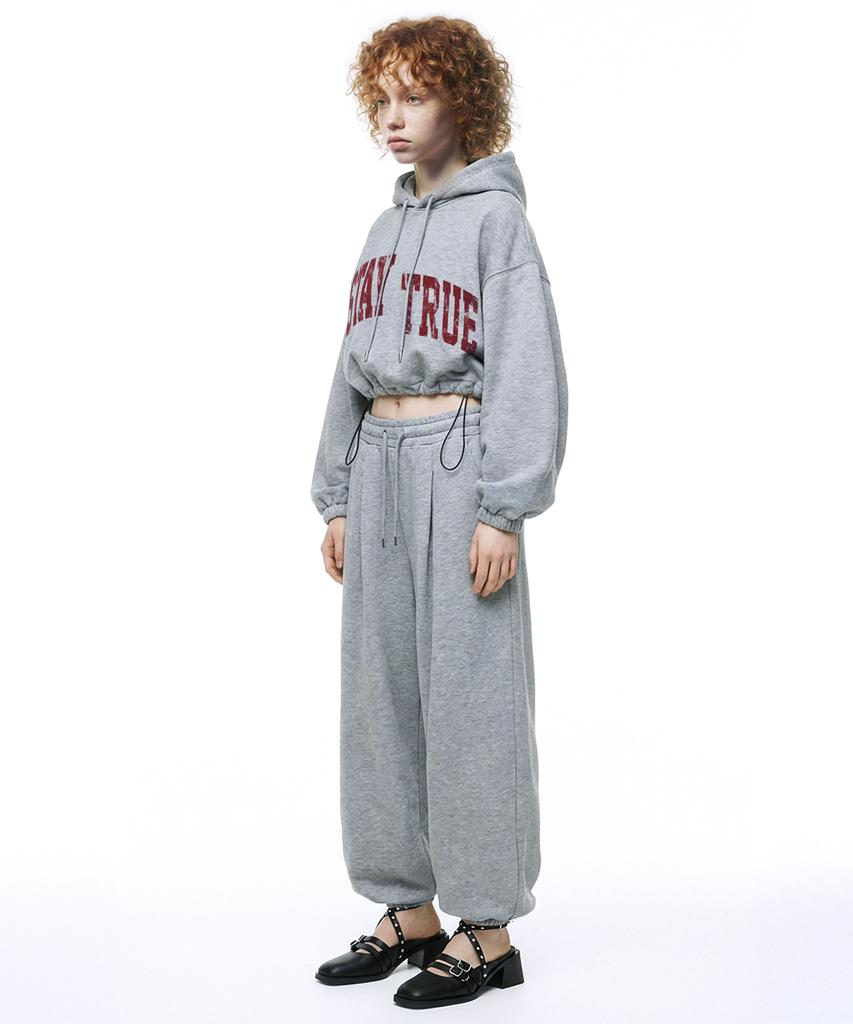 [Set] Arch Stay Burgundy String Oversized Crop Hoodie + Single-Pleat Wide Pants - Melange