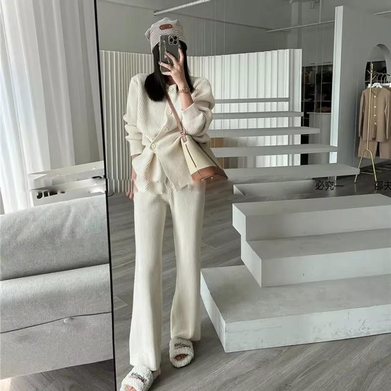 Elegantní úplety Kalhoty Soupravy Měkký svetr Cardigan Topy Oblek Úplet Široké nohavice Pantalones Conjunto Ležérní Pletené dvoudílné