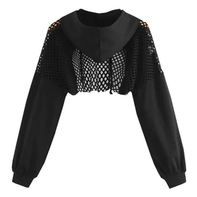 Women Mesh Splicing See Through Crop Top Hoodie Sweatshirt Sexy Long