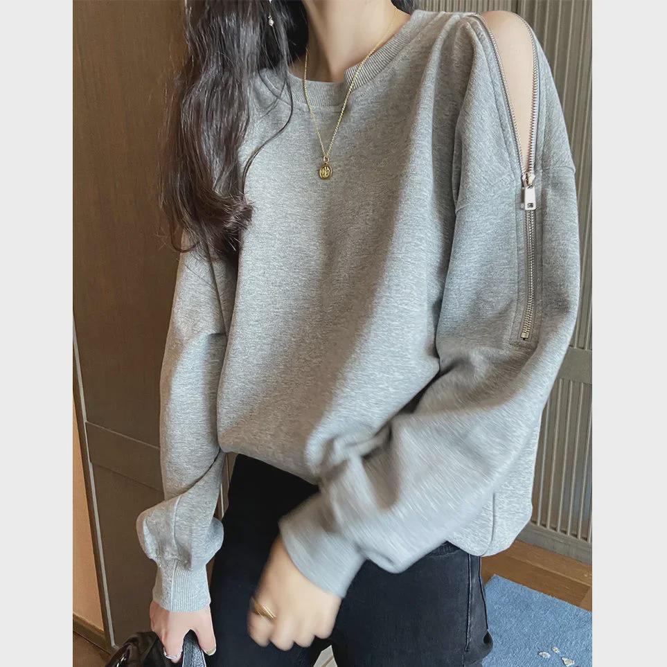 2023 Off-Shoulder Loose Fit Korean Style Women's Round Neck Zipper Sweatshirt for Fall/Winter